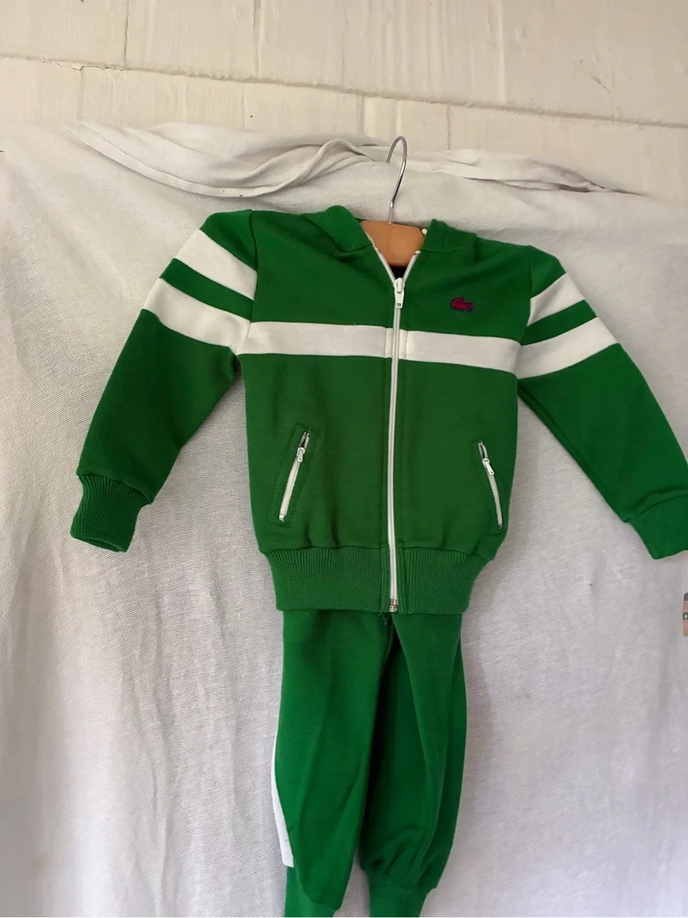 Vintage 70s Lacoste Kids 3T Green Zip Front 2 Piece Sweat Suit Boys Girls NWT